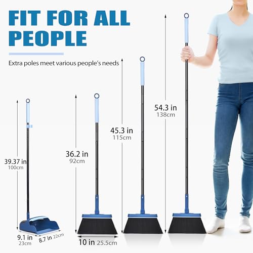 JEHONN Dustpan and Brush Set, 54 inches Long Handle Swivel Broom, Upright Foldable Dust Pan with Comb Teeth for Home Kitchen Lobby Indoor Floor Cleaning(Blue)