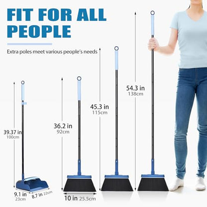 JEHONN Dustpan and Brush Set, 54 inches Long Handle Swivel Broom, Upright Foldable Dust Pan with Comb Teeth for Home Kitchen Lobby Indoor Floor Cleaning(Blue)