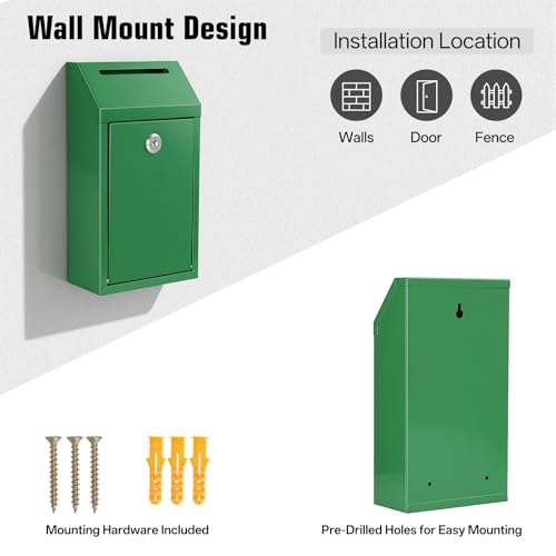Sumerfnt Cash Box Wall Mount, Metal Money Drop Box with Lock and Slot, Money Collection for Farm Stand, Self-Serve, Tips, Fundraising, 10.24" x 5.7" x 2.95", 4 Keys, Green - color: Green