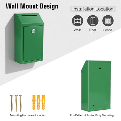 Sumerfnt Cash Box Wall Mount, Metal Money Drop Box with Lock and Slot, Money Collection for Farm Stand, Self-Serve, Tips, Fundraising, 10.24" x 5.7" x 2.95", 4 Keys, Green - color: Green