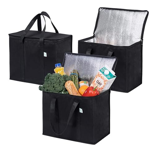 VENO 3 Pack Cooler Bag Insulated Grocery Bags for Food Delivery Heavy Duty - color: Black, size: 3 Pack
