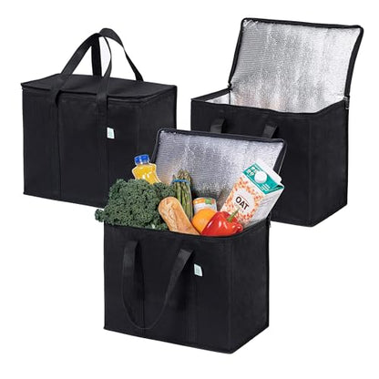 VENO 3 Pack Cooler Bag Insulated Grocery Bags for Food Delivery Heavy Duty - color: Black, size: 3 Pack