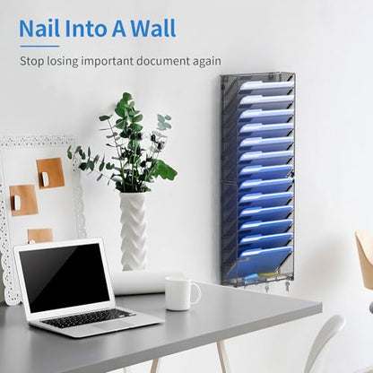 OUTWOLF 15 Tier Wall File Organizer with Hooks, Hanging Wall File Holder Wall Mount Paper Folder Organizer for Office, Magazine Rack - color: 15 Tier