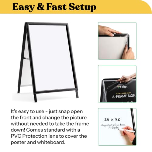 T-SIGN Sidewalk Sign for Indoor & Outdoor Sign - Open Aluminum A Frame Sign Poster Board 24x36 Inches, White Dry Erase Surface - Heavy Duty Double Sided Sandwich Board, Street Advertising Sign Board - color: Black - Premium Dry Erase Surface