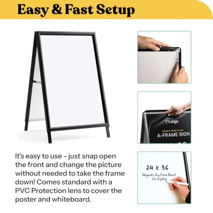T-SIGN Sidewalk Sign for Indoor & Outdoor Sign - Open Aluminum A Frame Sign Poster Board 24x36 Inches, White Dry Erase Surface - Heavy Duty Double Sided Sandwich Board, Street Advertising Sign Board - color: Black - Premium Dry Erase Surface