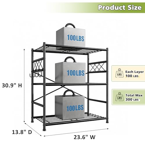 DurayLoly 23.6" W 3-Tier Wire Shelving with Hooks, 300 lbs, for Kitchen - size: 23.6" W x 13.8" D x 30.9" H (3T)