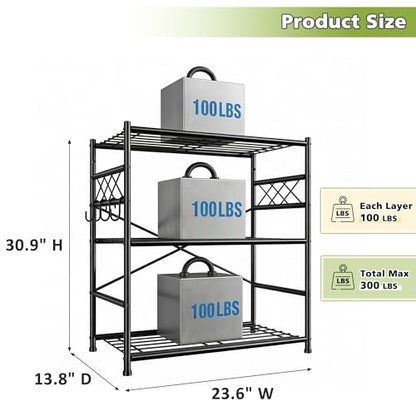 DurayLoly 23.6" W 3-Tier Wire Shelving with Hooks, 300 lbs, for Kitchen - size: 23.6" W x 13.8" D x 30.9" H (3T)