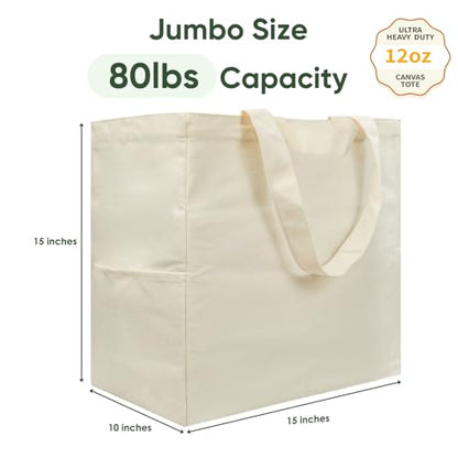 Canvas Tote Bag, Heavy Duty Reusable Grocery Bags with Pockets, Large Shopping Bags for Groceries (3 Pack)