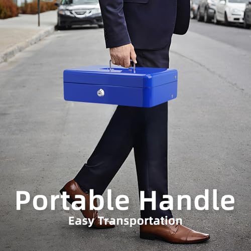 Cash Box with Lock Key and Money Tray - Large Money Box for Cash Register, Metal Lock Box for Money Safe 11.8" x 9.4" x 3.54" Blue - color: Blue with Key Lock