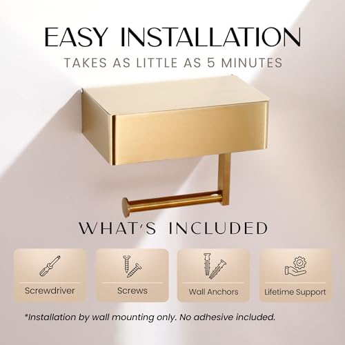 Day Moon™ - Toilet Paper Holder with Shelf & Storage - Wall Mount, Gold - color: Gold