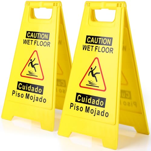 WOUSEDO 2-Pack Caution Wet Floor Sign,17.5" Height,Bright Yellow Double-Sided Folding A-Shaped Frame Design, Bilingual Caution Message - color: 2PACK Yellow