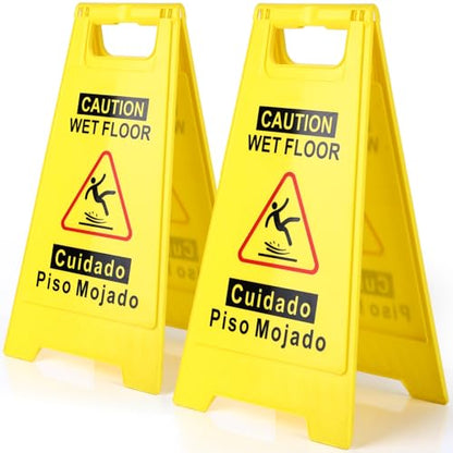 WOUSEDO 2-Pack Caution Wet Floor Sign,17.5" Height,Bright Yellow Double-Sided Folding A-Shaped Frame Design, Bilingual Caution Message - color: 2PACK Yellow