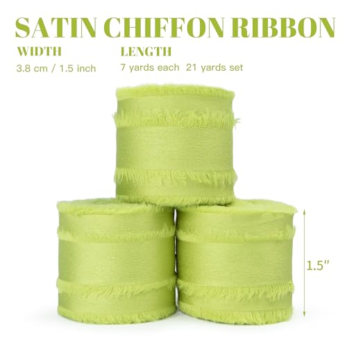 Keypan Apple Green Frayed Satin Chiffon Ribbon, 1.5 Inches, 21 Yards - color: Apple Green