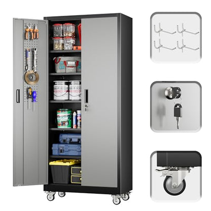 71 in Garage Storage Cabinet with Wheels, Black and Dark Grey - color: Black-dark Gray, size: 16"D x 32"W x 71"H
