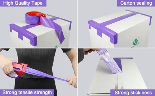BOMEI PACK 3 Rolls Purple Heavy Duty Packing Tape with red Dispenser, Packaging Tape 1.88 Inches x 55Yards, 2.5mil Industrial Shipping Tape for Moving Shipping, Office & Storage - color: purple