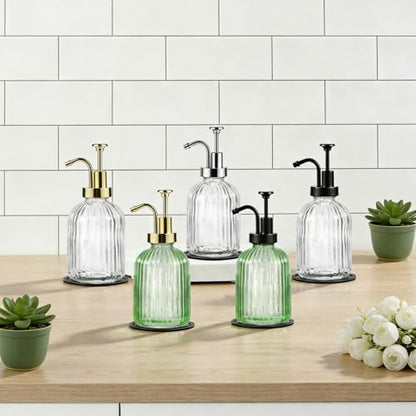 SheeChung 12oz Clear Glass Liquid Soap Dispenser,Silver Pump,Striped,2 Pack - color: Clear, Silver Pump, 2pcs