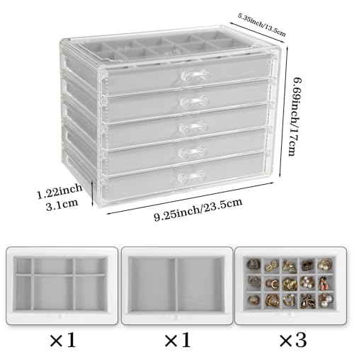 GUOER Earring Organizer, Acrylic Jewelry Box with 5 Drawers for Women, Grey - color: Gray