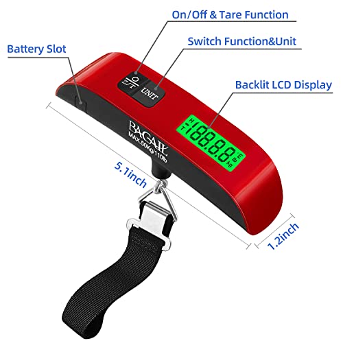 BAGAIL Digital Luggage Scale, 110lbs Hanging Baggage Scale with Backlit LCD Display, Portable Suitcase Weighing Scale, Travel Luggage Weight Scale with Hook, Strong Straps for Travelers - color: Red