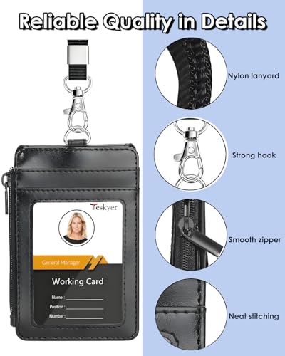 Teskyer Leather ID Badge Holder with Lanyard, Lanyard Wallet, Black - color: Black, size: 3.1" x 4.7"