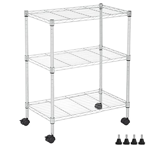 3 Tier Wire Shelving Unit with Wheels, 23 x 13 x 32 Metal Rack - color: Chrome, size: 13"D x 23"W x 31.3"H