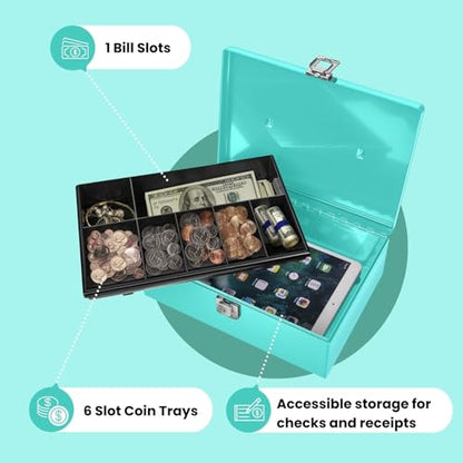 Flexzion Cash Box with Money Tray, Latch Lock, 11 x 7.7 x 3.5 Inch, Blue - color: Blue