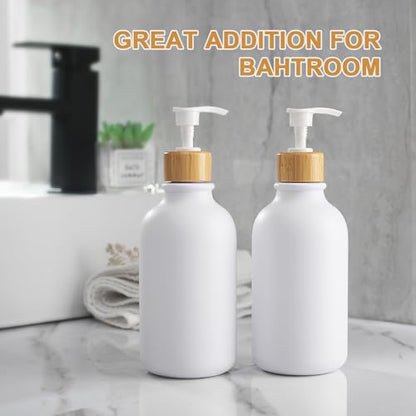 KASUNTING White Soap Dispenser, 2 Pack Plastic Bathroom Hand Soap and Lotion Dispenser Set with Bamboo Pump, 17 Fl Oz Hand and Dish Soap Dispensers Set for Kitchen, Refillable Liquid Soap Bottles - color: White, size: 2 Bottles