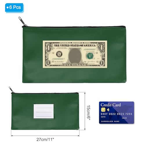 PATIKIL 11x6 Money Bank Deposit Bag with Zipper, 6 Pcs Leatherette Coin Check Wallet Pen Pouch Bag with Clear Window for Office Travel, Dark Green - color: Dark Green