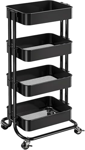 Pipishell 4 Tier Metal Rolling Utility Cart with 2 Lockable Wheels, Black - color: Black, size: 4 Tier