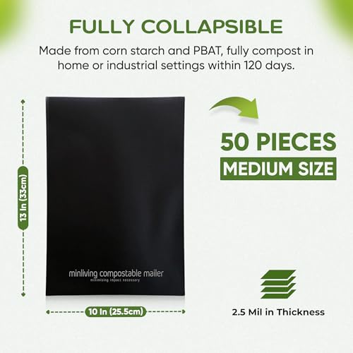 Biodegradable Poly Mailers 10x13, Compostable Shipping Bags 50pk - size: M, 50 Pack