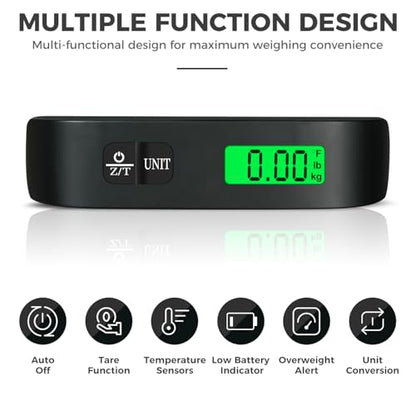 BAGAIL Digital Luggage Scale, 110lbs Hanging Baggage Scale with Backlit LCD Display, Portable Suitcase Weighing Scale, Travel Luggage Weight Scale with Hook, Strong Straps for Travelers - color: Black