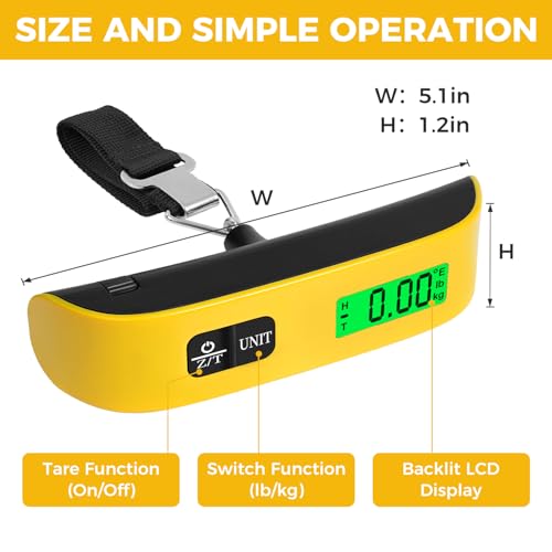 BAGAIL Digital Luggage Scale, 110lbs Hanging Baggage Scale with Backlit LCD Display, Portable Suitcase Weighing Scale, Travel Luggage Weight Scale with Hook, Strong Straps for Travelers - color: Yellow
