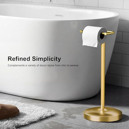 Freestanding Toilet Paper Holder Stand, Heavy Duty Brushed Brass Stainless Steel Toilet Paper Holder with Weighted Base, Rustproof & Tool-Free Installation for Modern Bathrooms - color: Brass