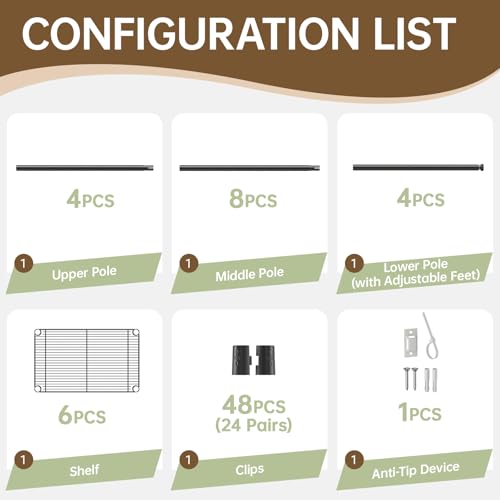 Golpart 6Tier Adjustable Storage Shelves Metal Wire Shelving Standing Shelf - color: Black, size: 6-tier-10"Dx16"Wx63"H