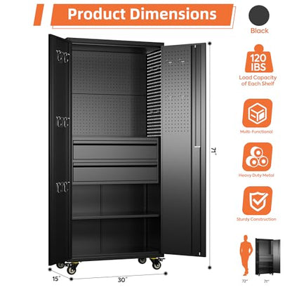 Metal Garage Storage Cabinet with Wheels, 2 Internal Drawers - color: Black, size: 15.5"D x 30"W x 71"H