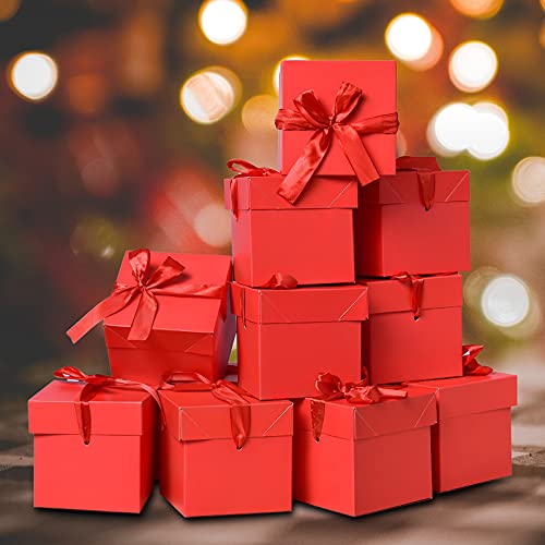 Gift Box with Lid & Ribbon for present, 12pcs, Red, 4"×4"×4" - color: Red, size: 4 x 4 x 4 Inch