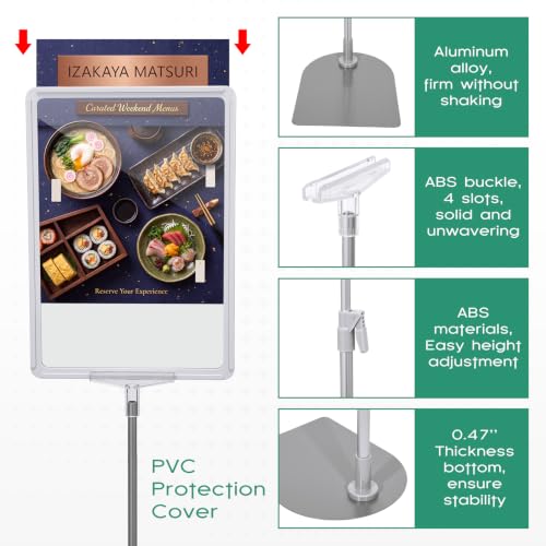 Jutom 6 Pack Adjustable Pedestal Stand Holder 8.5 x 11 Inch Heavy Duty Aluminum Sign Holder Vertical and Horizontal Sign Poster Stands Floor Standing Display for Advertisement Menu Display (Silver) - color: Silver