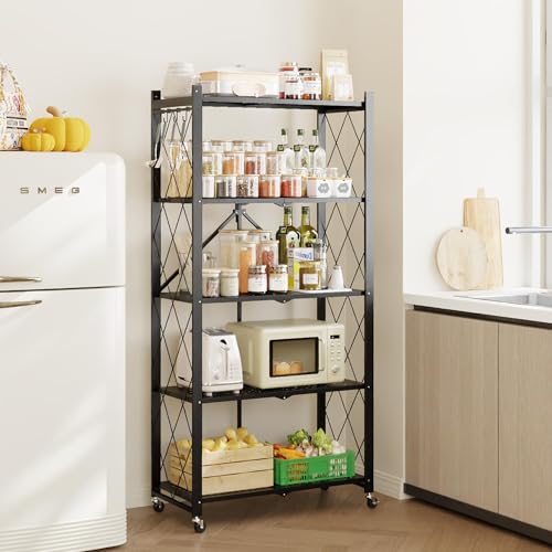 Fenbeli 5-Tier Folding Metal Storage Shelves with Wheels, 750 lb Capacity - color: Black, size: 5 Tier