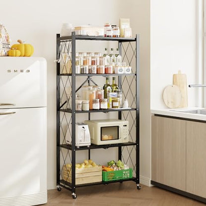 Fenbeli 5-Tier Folding Metal Storage Shelves with Wheels, 750 lb Capacity - color: Black, size: 5 Tier