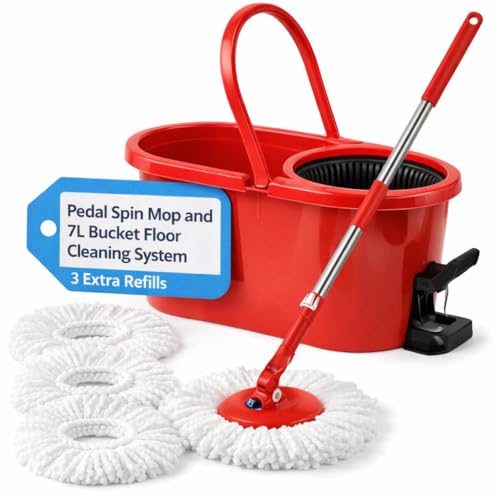 Pedal Spin Mop and 7LT Bucket Floor Cleaning System with 3 Extra Microfiber Mop Replacement Refills - Labor-Saving Foot Pressure Spin Mop with Adjustable Stainless Steel Handle for Floor Cleaning