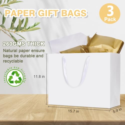 Plauthus 15.7" White Gift Bags, 3 Pack, Tissue Paper, Ribbon Handle - color: white-XL-3pcs