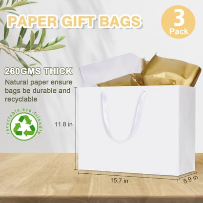 Plauthus 15.7" White Gift Bags, 3 Pack, Tissue Paper, Ribbon Handle - color: white-XL-3pcs