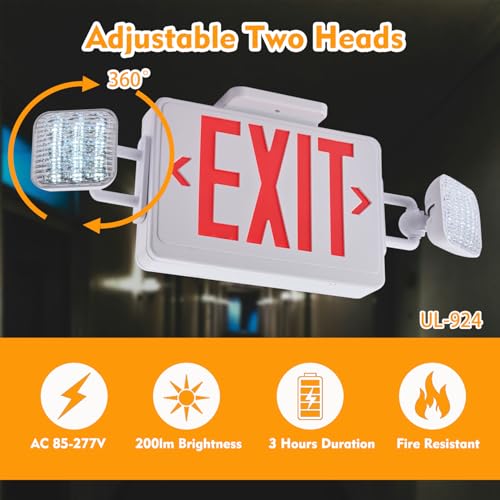 Red Exit Sign with Emergency Lights, 200lm 3Hours Plug in Exit Sign Battery Backup Lights for Business,Commerical Emergency Lighting Combo UL 924 AC85-277V Double Face - color: White Housing +Red EXIT, size: Square Heads
