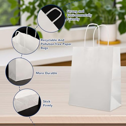 XPCARE White Paper Bags with Handles, 100Pcs 8x4.5x10In Kraft Paper Bag - color: White