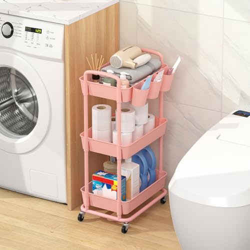 JIUYOTREE 3-Tier Plastic Rolling Storage Cart Utility Cart Pink - color: Pink, size: 3-Tier