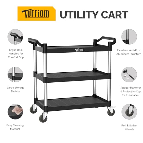 TUFFIOM Plastic Service Utility Cart with Wheels,Heavy Duty 450lbs Capacity, 3-Tier Commercial Rolling, Ideal for Restaurant, Foodservice, Office, Warehouse, Black 39.8''L x 19.1''W x 38.4''H - size: Black 39.8''L x 19.1''W x 38.4''H