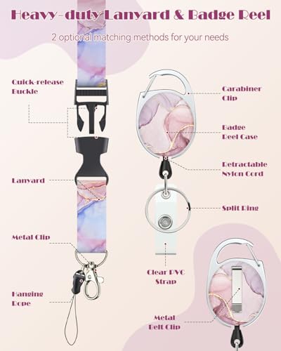 Uniclife Marbling Sliding Badge Holder Pink Marble Pattern Plastic Card Holder with Retractable Badge Reel Carabiner Detachable Lanyard Vertical Card Protector for Office Worker Nurse Teacher Student - color: Pink Marble