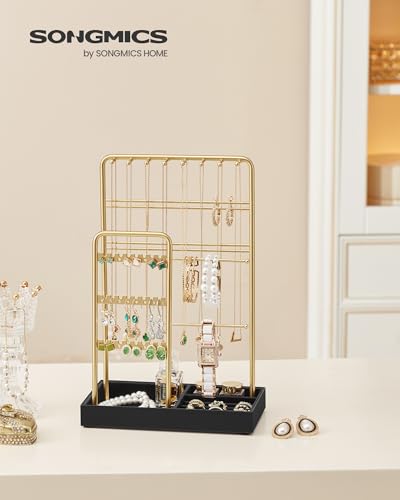 SONGMICS Jewelry Holder, Display Stand, Metal Frame, Velvet Tray - color: Pale Gold + Ink Black, size: 4.5"D x 7.7"W x 12.1"H