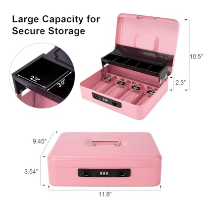 Jssmst Metal Cash Box with Money Tray and Lock, Portable Cash Drawer, 11.8" - color: Pink Code-B