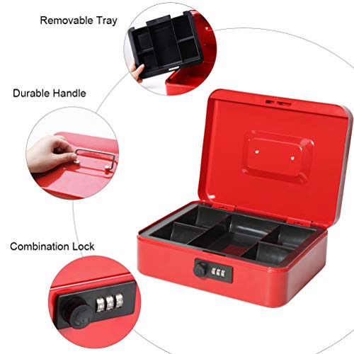 Cash Box with Money Tray, Parrency Large Money Box with Combination Lock, 9.8 x 7.9 x 3.5 inches, Red - color: Combo Red, size: Large（9.84")