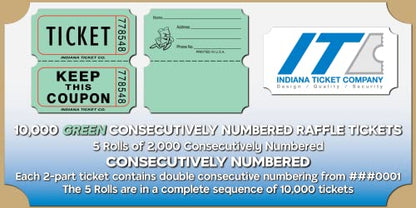Raffle Tickets Roll, Green, 10,000 Consecutively Numbered - color: C - Green, size: 10,000